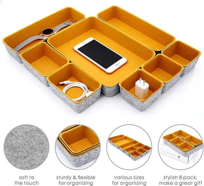 Welaxy 8-Piece Felt Drawer Organizers Curry Desk Tray Makeup Storage