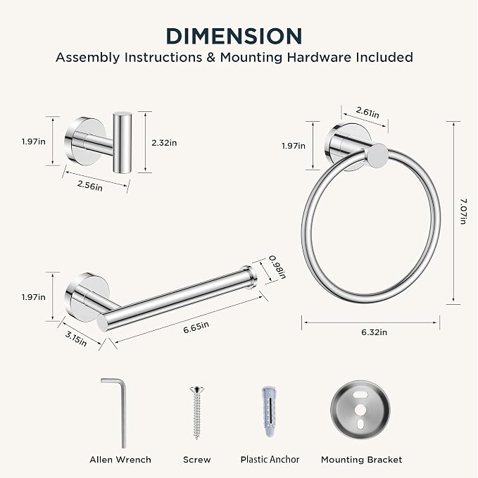 FORIOUS 4 Piece Bathroom Accessories, SUS304 Stainless Steel Toilet Paper Holder, Towel Ring and 2 Towel Hooks, Wall Mounted Bathroom Hardware Set (Chrome)
