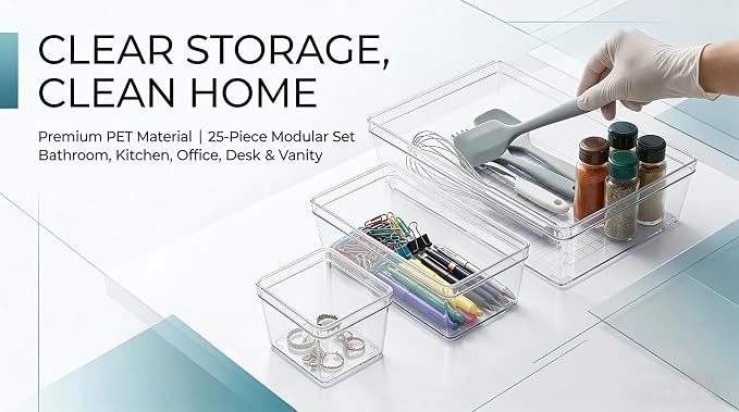 Clear Plastic Drawer Organizer Storage - 25Pcs 4 Size Desk Bathroom Kitchen Organizers and Accessories Office Organization, Vanity Stackable Drawers Bins Trays Containers Dividers Makeup Sets