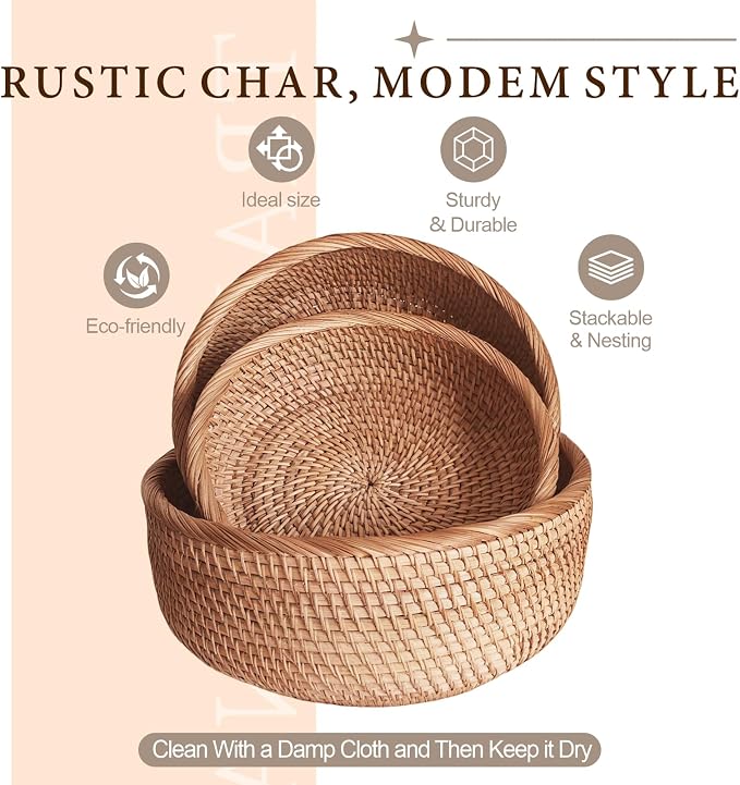 9.2" Medium Round Rattan Wicker Bread Basket, Natural Fruit Basket for Kitchen Counter, Hand Woven Food Baskets, Artisanal Bread Baskets for Serving, Fruit, Vegetable, Snack, key, Etc.