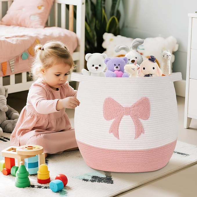 Large Baby Laundry Hamper, Pink Bow Laundry Basket for Baby Girl, Toy and Blanket Storage Basket for Nursery and Playroom, Cotton Rope Hamper for Kids, 17.7"x15.7"