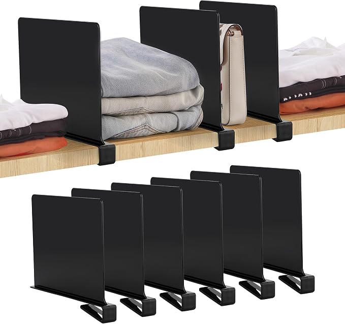 Matte Black Acrylic Shelf Dividers for Closets Organizer & Storage,6 Pack | Adjustable Vertical Wood Shelf Closet Separators, Keep Clean, for Clothes,Book,Bags, in Bedroom and Kitchen