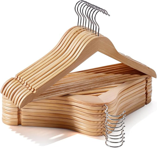 Wooden Hangers 30 Pack,Heavy Duty Solid Wooden Clothes Hangers with Pant Bar,360-Degree Rotatable Hook,Durable & Slim Wood Hangers for Coats,Jackets,Dress,Pants(Natural)