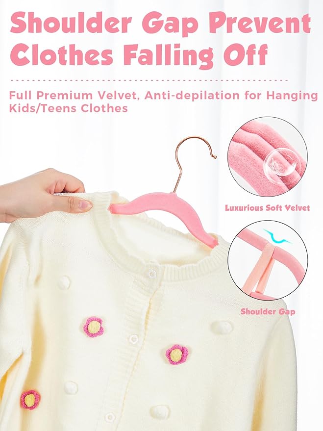 Smartor Kids Velvet Hangers 50 Pack, 14 Inch Premium Non Slip Kids Felt Hangers for Closet, Space Saving Toddler Clothes Hanger for Youth's Childrens' Clothes (Rose Gold Hook)- Pink
