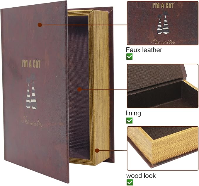 PACOLO Decorative Book Boxes, Faux Wood cover Storage for Hidden Jewelry, Money, and Cash (I am a cat)