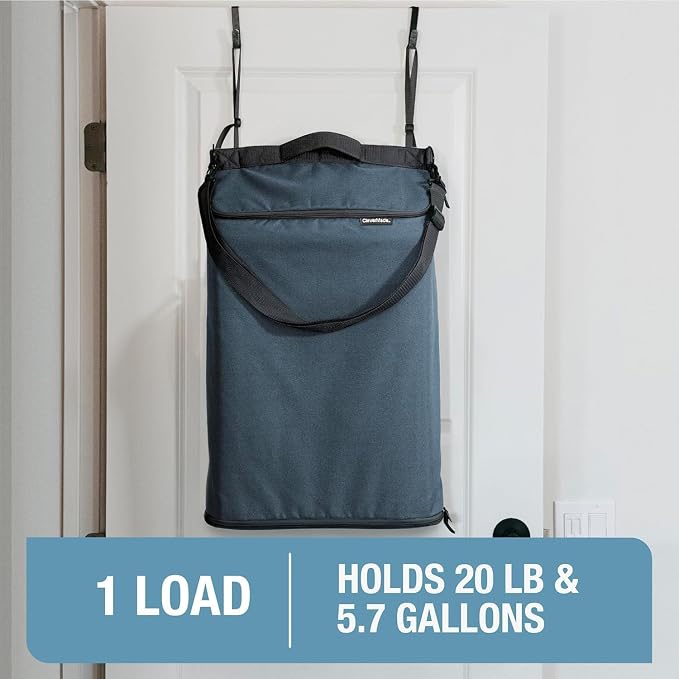 CleverMade Convertible Hanging Laundry Hamper, 21.5L, Over-the-Door, Ocean | Bottom zipper, removable carry strap and door hooks simplify unloading and hauling in dorms, bedrooms, bathrooms and RVs
