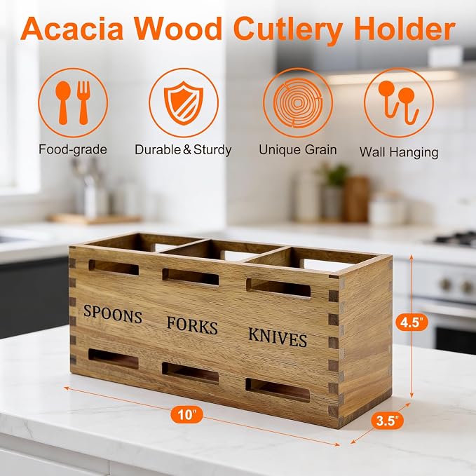 Farmhouse Wooden Silverware Caddy Party Flatware Cutlery Holder Acacia Wood Utensils Holders for Kitchen Counter Cutlery Silverware Organizer Table Spoon and Fork Holder Flatware Utensil Caddy