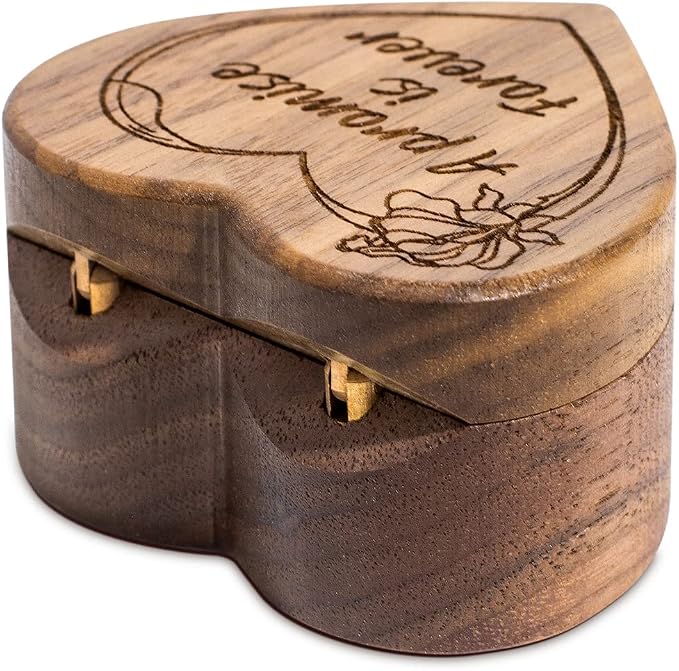 Engagement Proposal Ring Box Secret Slim Engraved Wooden Heart Case | Engrave"A Promise is Forever", Walnut Wood Ring Bearer Box Jewelry Storage Holder Display for Wedding Ceremony Commemoration