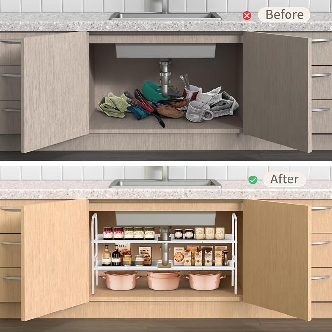 Expandable 2-Tier Under Sink Organizer, 8 Removable Plastic Boards, Tool-Free Installation (White, 2-Tier 8 Boards)