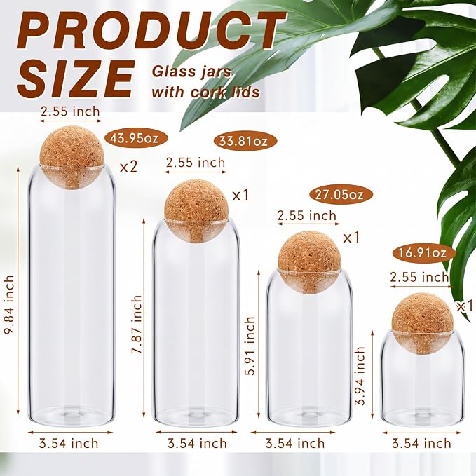 Suclain 5 Pack Glass Jar Set Food Tank with Spherical Cork Cute Ball 4 Sizes Candy Jars Clear Coffee Canister Airtight for Kitchen Bottle Holder Serving Spice Sugar Tea(Classic Style)