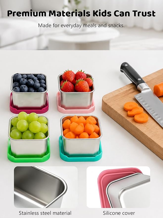 HTEVW 6 Pack Stainless Steel Snack Containers for Kids, 6 oz Toddler Snack Containers with Silicone Lids, Reusable Leak Resistant Food Containers for School Lunch, Daycare, Travel & Portion Control