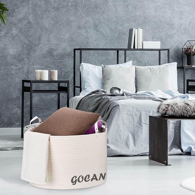 GOCAN Extra Large Storage Laundry Basket 22" X 22"X 14" Cotton Rope Woven Basket for Blanket Basket with Handles for Living Room Toys Storage XXXL (Cream)