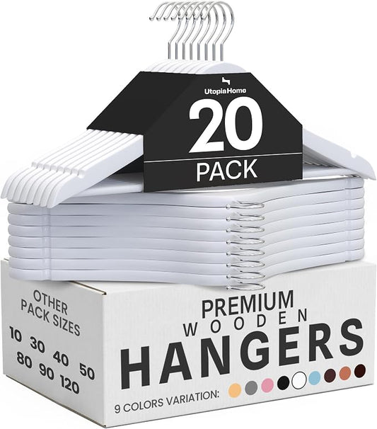 Utopia Home Premium Wooden Hangers 20 Pack - Durable & Slim Coat Hanger - Suit Hanger with 360-Degree Rotatable Hook - Wood Hangers with Shoulder Grooves (White Color)