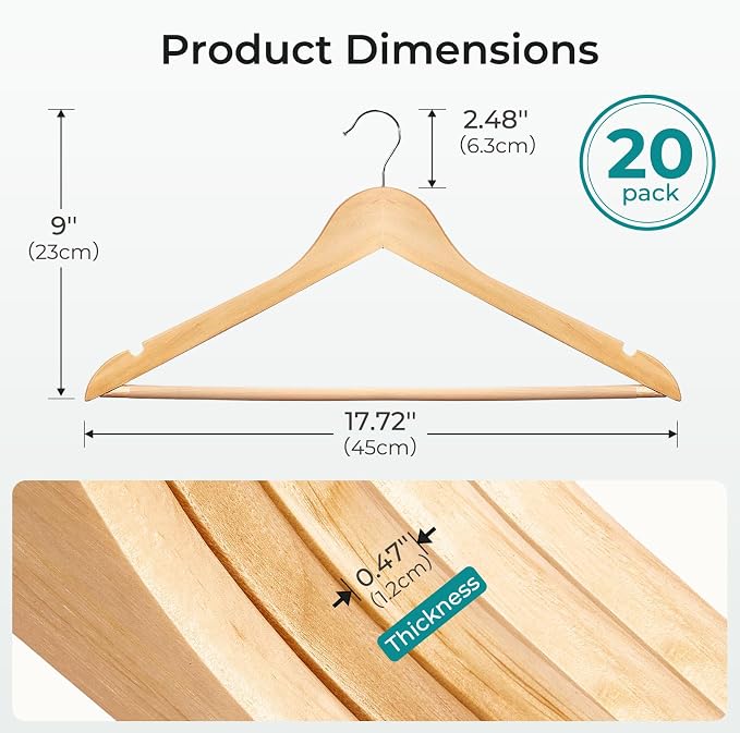 HOUSE DAY Premium Wooden Hangers 20 Pack - Heavy Duty & Durable Coat Hanger | Natural Wood Suit Hangers, 360° Swivel Hook & Pant Bar, Ideal for Jackets, Dresses, Shirts, Perfect for Closet Organization