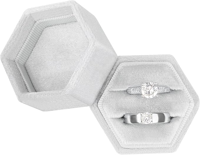 DesignSter Hexagon Velvet Ring Box - Premium Gorgeous Vintage Double Ring Display Holder with Detachable Lid for Proposal, Engagement, Wedding, Ceremony (Silvery Grey)