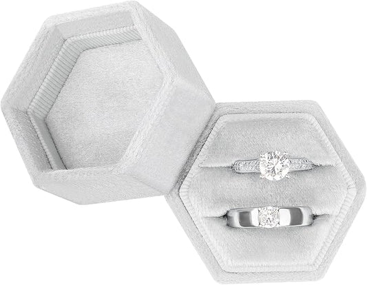 DesignSter Hexagon Velvet Ring Box - Premium Gorgeous Vintage Double Ring Display Holder with Detachable Lid for Proposal, Engagement, Wedding, Ceremony (Silvery Grey)