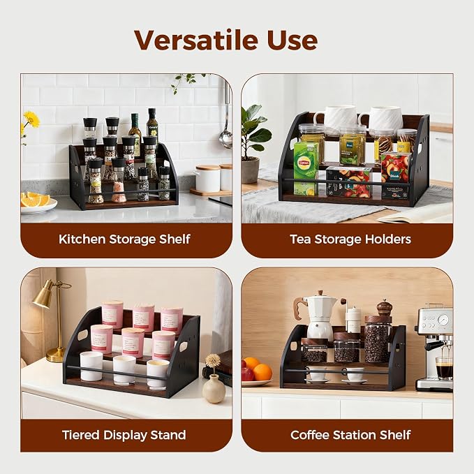 Liquor Bottle Display Shelf, Coffee Syrup Rack Organizer with Metal Hand, 3 Step Countertop Liquor Wine Rack, Mini Bar, Liquor Cabinet, Home Retro Bar Shelf Stand for Liquor Whiskey, Bourbon, Spirits