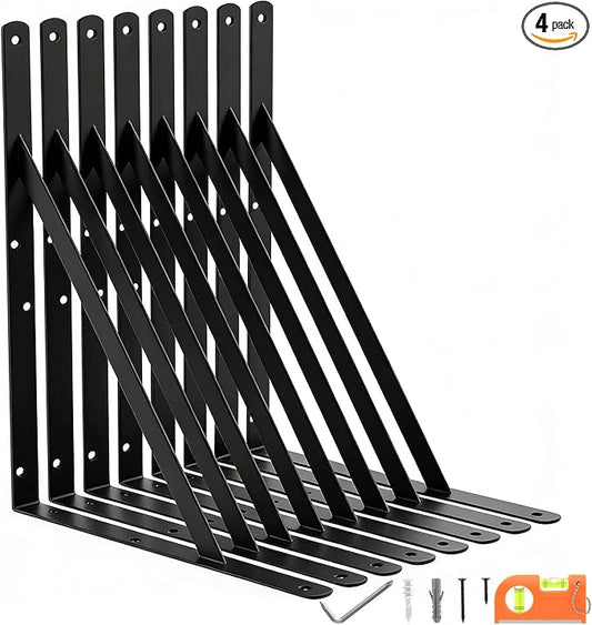 8-Pack 14 Inch Heavy Duty Shelf Brackets, Large Floating Wall Bracket for Garage Storage Shelves, Black Powder-Coated Finish, Load Capacity 800lbs