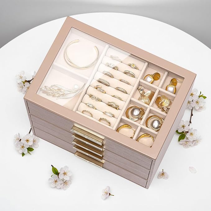 VLANDO 5-Drawer Jewelry Box with Glass Lid, Faux Leather Organizer for Rings Earrings Necklaces and More, Gift-Ready Jewelry Case for Women Girls or Moms, White