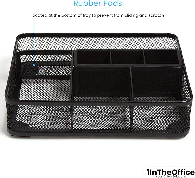 1InTheOffice Mesh Collection Desk Drawer Organizer Tray, Black, 7 Compartment