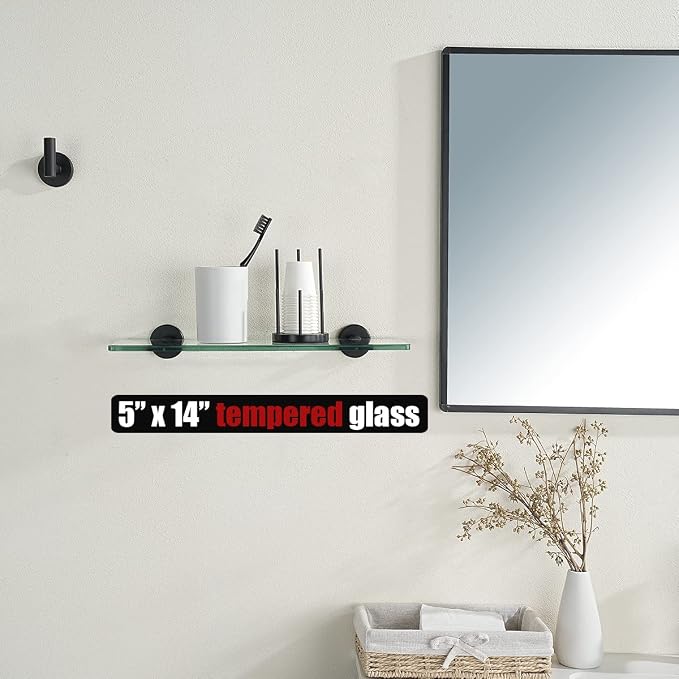 JQK Bathroom Glass Shelf Black, Tempered Glass Shower Storage 14 by 5 inches, 304 Stainless Steel Matte Black Wall Mount, TGS101L14-PB