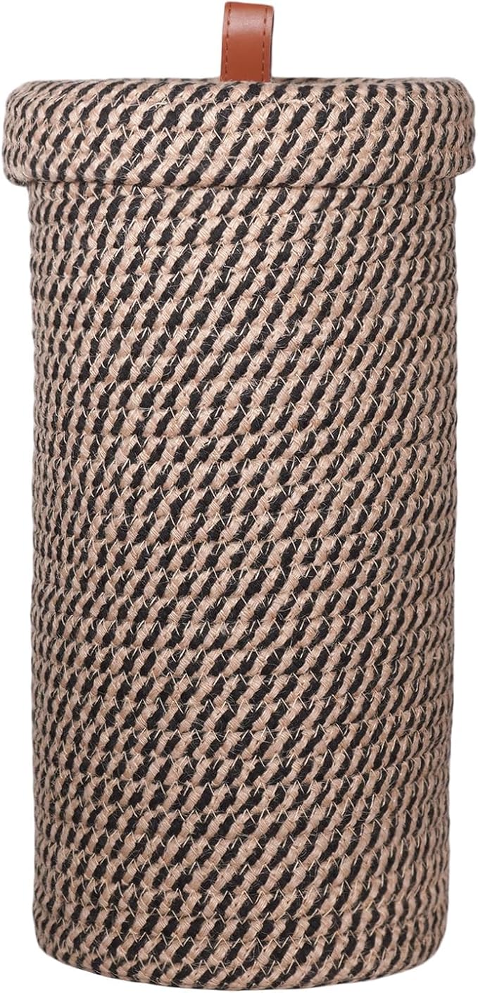 Toilet Paper Holder, Boho Decor Toilet Paper Storage Stand for Bathroom,Cotton Handmade Woven Paper Basket for Mega Roll,3 Rolls of Toilet Tissue Storage (Black)