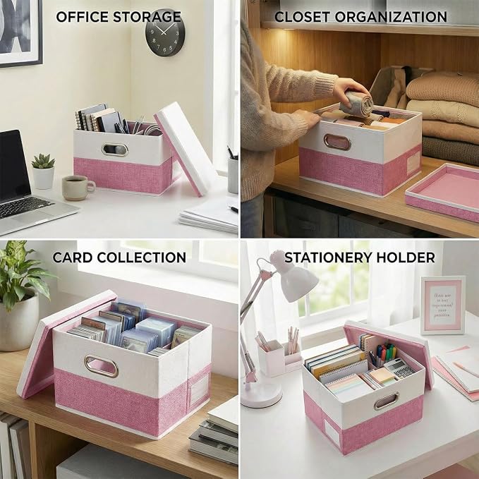 PRANDOM Storage Bins with Lids [3-Pack] Linen Fabric Foldable Storage Boxes Organizer Containers Baskets Cube with Cover for Bedroom Closet Office Pink&White（11.4X8.6X6.7