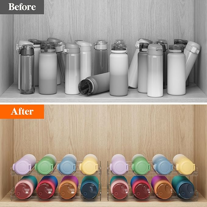 Lifewit Stackable Water Bottle Organizer for Cabinet, Plastic Bottle Holder Fits Bottles/Tumblers up to 3.8" Diameter for Pantry/Countertop, 2 Tier Holds 8 Bottles 38 x 20 x 15 cm/15 x 8 x 5.7"