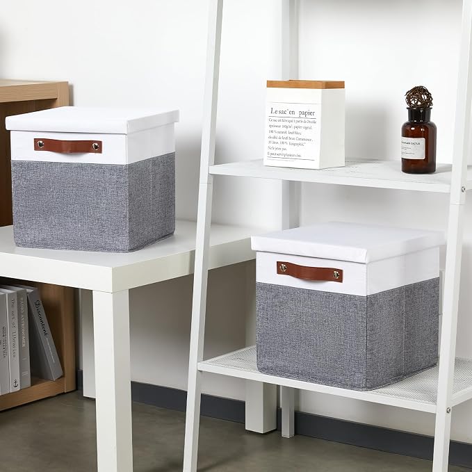 Temary Foldable Fabric Storage Bins with Lids, 2-Pack Storage Bin for Organizing Living Room, Closet Organization, Multi-Purpose Storage Boxes for Clothes (White&Grey, 10.5x10.5x10.5in)