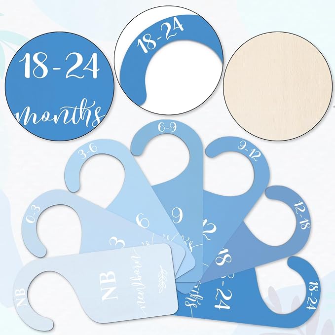 Whaline 7 Pcs Blue Wood Baby Closet Size Dividers with Velvet Bag Newborn to 24 Month Thicken Infant Wardrobe Hanger Organizers for Home Nursery Party Favors Supplies