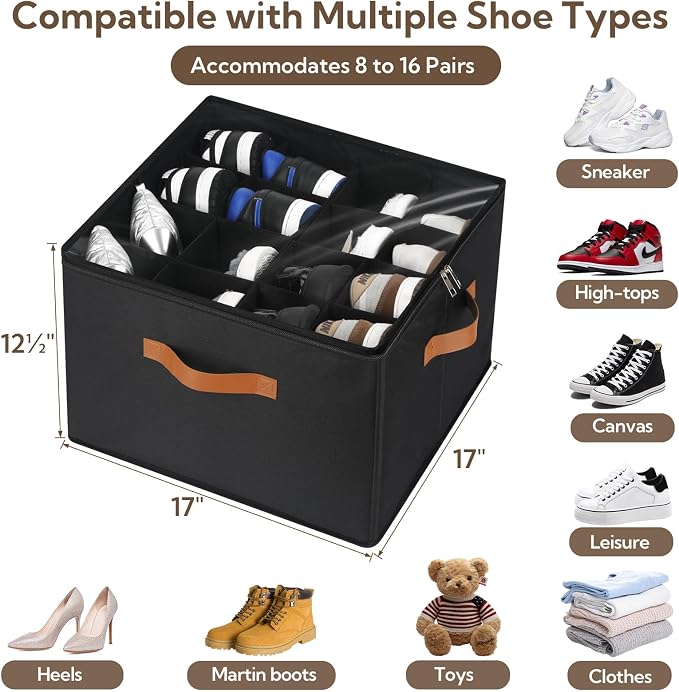 VZZNN 2 Pack Shoe Organizer for Closet, Foldable Shoe Storage Bins with Clear Cover and Adjustable Dividers, Fits up to 16 Pairs, Large Shoe Box Storage Containers with Reinforced Handles (Black)