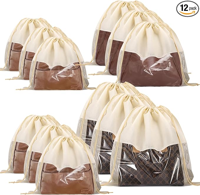 12 PCS Dust Bags for Handbags,Dustproof Drawstring Bags in 4 Size,Breathable Non Woven Fabric Purse Dust Bag,Storage Bags for Handbags Shoes Purses,Beige