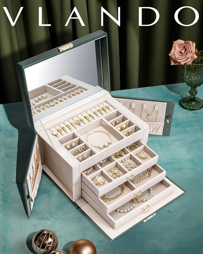 VLANDO Jewelry Box for Girls, 4-Tier Jewelry Organizer with Lock, Mirror Jewelry Box for Earring, Ring, Necklace and Bracelets - Green
