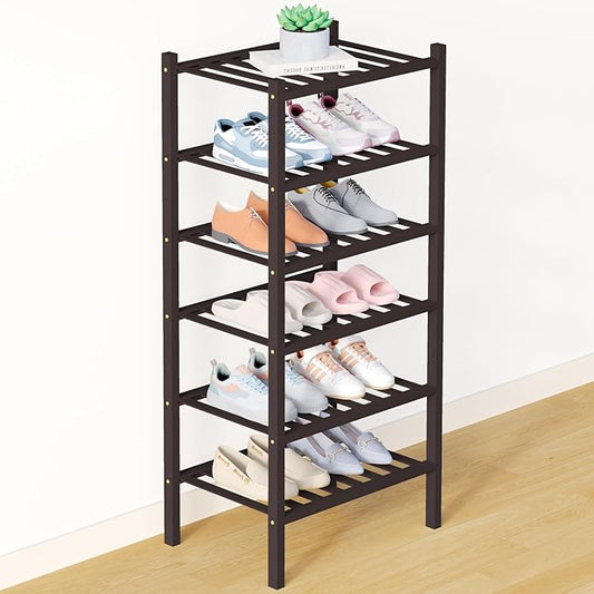 Smiry Bamboo Shoe Rack for Closet, 6 Tier Small Wooden Shoe Organizer, Stackable Wood Shoe Storage Shelf for Entryway, 14 Vertical Slats, 3+3 Stack Heavy-Duty Legs, 17.32"x11.02"x36.61", Brown