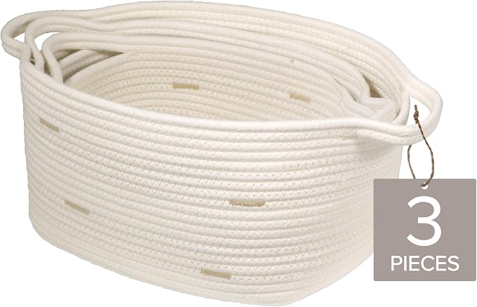 RGI Home Storage Baskets for Organizing, Fabric Rope, Set of 3, Decorative Woven Bins with Easy-Carry Handles, Multiple Sizes, Durable and Stylish, Ivory with Beige Accents