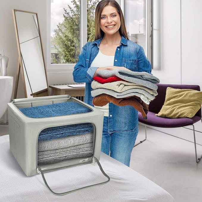 Sorbus Jumbo Storage Bins with Metal Frame - Oxford Fabric Storage Containers with Large Clear Window & Carry Handles - Stackable & Foldable Clothes Organizer Bags for Bedding Linen, Clotheing & More