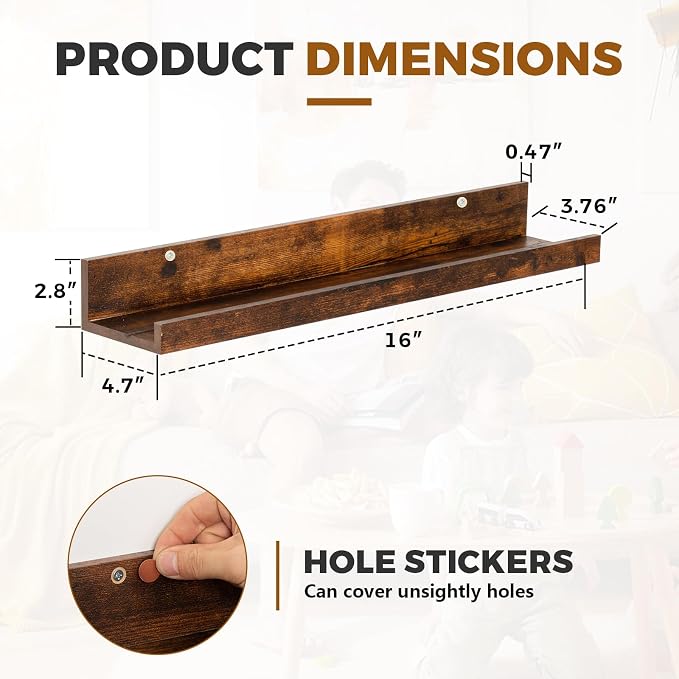 Muzilife 16" Floating Wall Ledge Shelves with Lip - Set of 2 Wood Floating Shelves - Honey Wall Mounted Picture Ledge for Office, Bathroom, Bedroom, Living Room, Kitchen