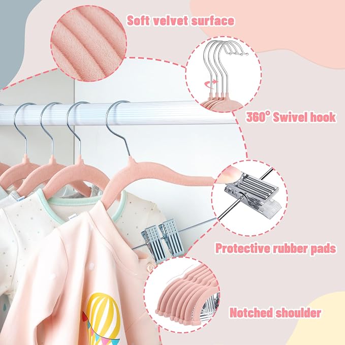 ManGotree 11.8'' Baby Velvet Hangers with Movable Clips, Non-Slip Kids Felt Hangers, Ultra-Thin Space-Saving Children's Clothes Hangers for Skirts, Pants, Dresses, Shirts, Jackets (28 Pack, Pink)