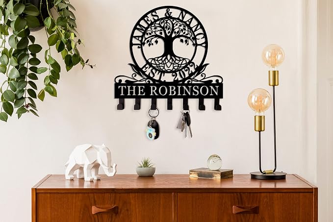 Personalized Metal Key Holder, Tree of Life Design, 10 Hooks, Heavy Duty, Rust Resistant, Wall Mount, Front Door, Housewarming Gift