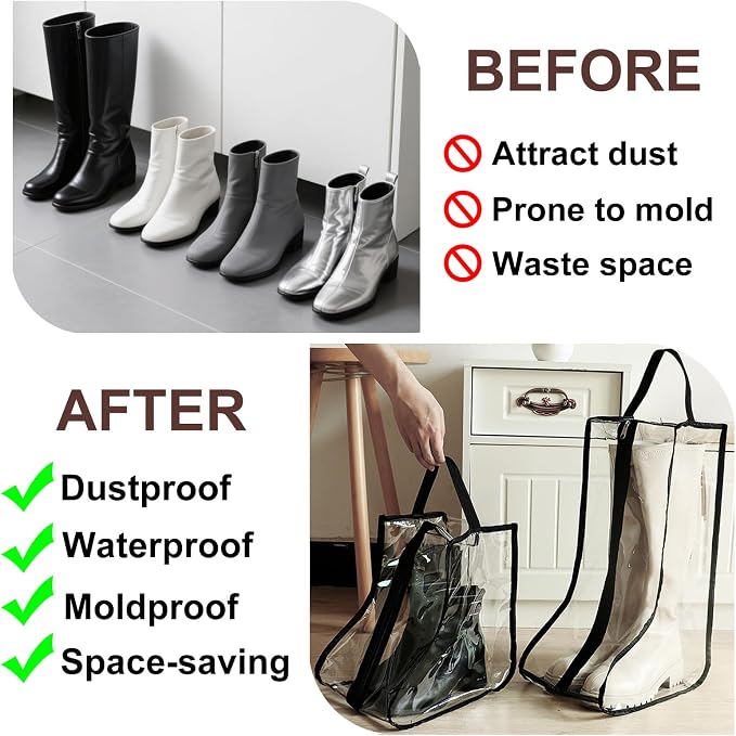 4Pack Boot Bags for Cowboy Boots Portable Tall Boot Storage Organizer Shoe Bags for Travel with Dust Covers (Clear Black)