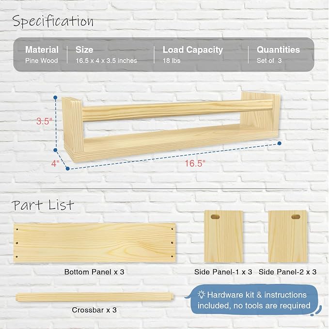 Harwaya Floating Nursery Book Shelves for Wall, Natural Wood Wall Bookshelf for Kids Room Bedroom, Small Wooden Hanging Baby Book Shelf and Toy Organizer for Nursery Girl Boy Toddler Child - Set of 3