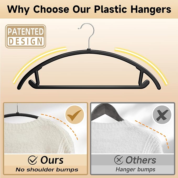 MIZGI Premium Plastic Hangers (Pack of 50) Heavyduty- Black No Shoulder Bump Suit Hangers - Space Saving Clothes,Rounded Hanger for Coat,Sweater,Jackets,Pants