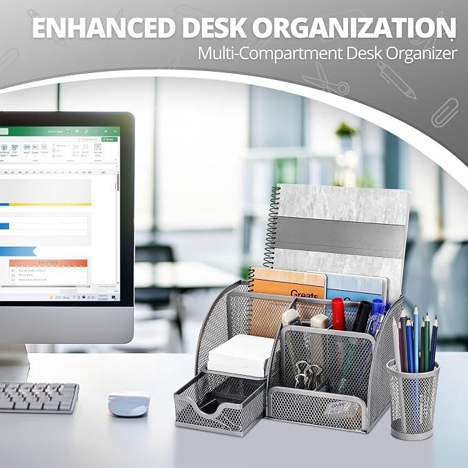 Flexzion Desk Caddy Organizer Set (Silver Gray) - Metal Mesh Desktop Caddy with Drawers, 6 Compartments, and Pencil Holder for Women & Men - Desktop Organizer and Storage for Work or Office Supplies | Compact desktop caddy with separate pen holder; 8.7...