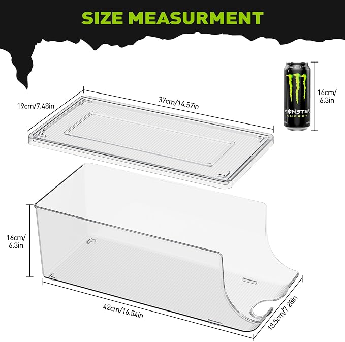 SCAVATA 4 Pack Tall Skinny Can Organizer for Refrigerator, Stackable Large Soda Cans of 16oz & 17oz Beverage Energy Drink Container Holder Dispenser with Lid for Fridge, Clear Storage Plastic Bins