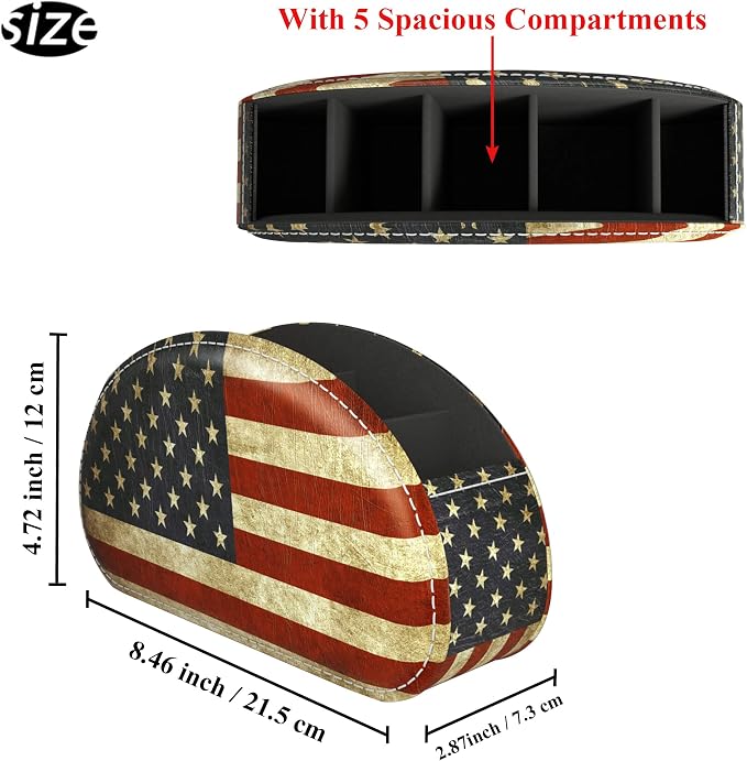 Leather Remote Caddy Desktop Organizer with 5 Spacious Compartments for TV Remotes/Media Controllers/Office Supplies (American Flag)