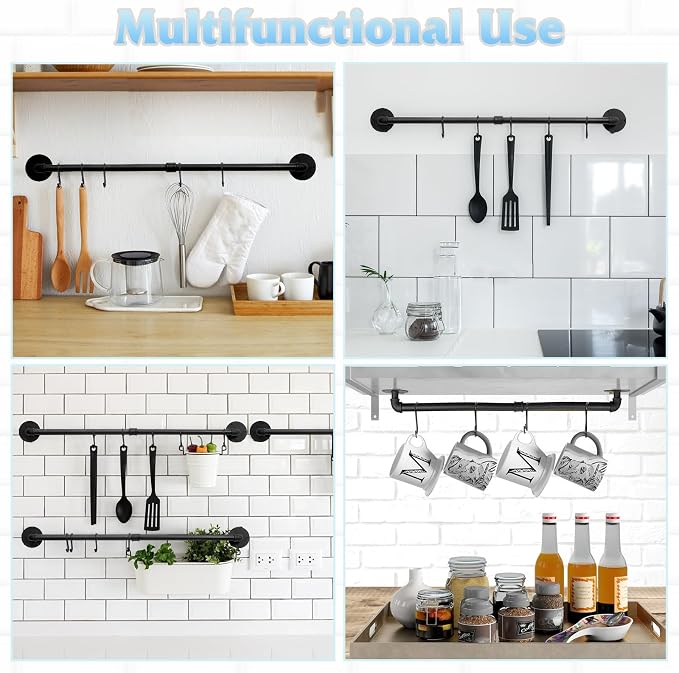 38.5 inch Pot Rack Wall Mounted Detachable Pan Rack Organizer Industrial Pipe Hanging Rail Lids Utensils Hanger Holder for Kitchen with 10 S Hooks, Black…