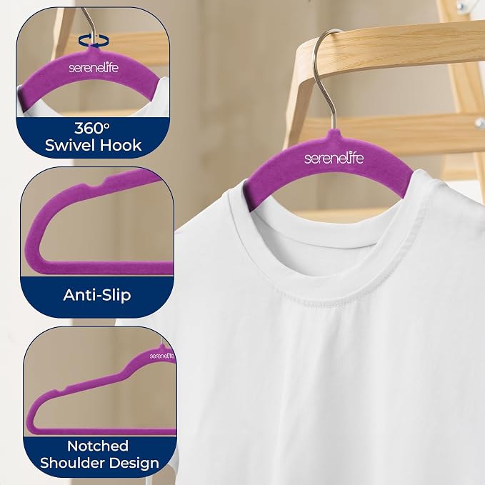 SereneLife Velvet Hangers – 100 Pack, Slim & Space Saving for Closets | Soft Velvet Grip Prevents Slipping On Silk, Satin & Knitwear – 360° Swivel Hook Fits All Standard Closet Rods