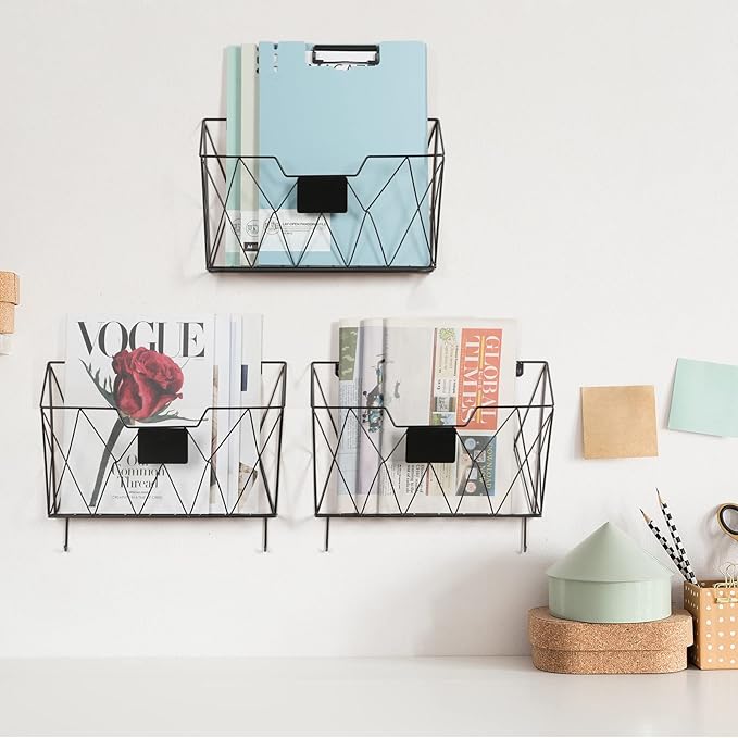 OYEAL Hanging Wall File Organizer Metal Wall File Holder 3 Pockets Mail Organizer Wall Mounted with Hooks for Office Home, Black