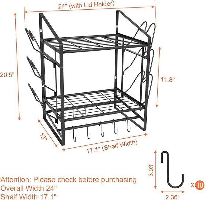 VyGrow 17 Inch Pot Rack Wall Mounted, 2 Tier Pots and Pans Organizer with 10 Hooks and 6 Pot Lid Holders, Heavy Duty Steel Pot and Pan Hanger for Kitchen Cookware Utensils Storage 24" Lx13 Wx20.5 H