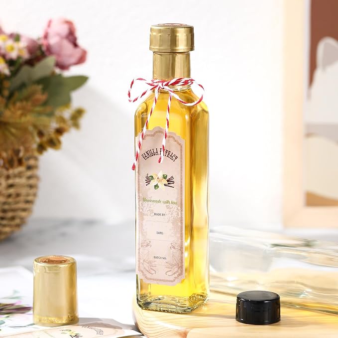 Tioncy 12 Pcs Vanilla Extract Bottles for Homemade Vanilla Jar Glass Square Bottle with Cap Shrink Band Sticker Syrup Food Storage Canister for Liquids Bean Sauce Spice Gift Giving(Gold,8.5 oz)